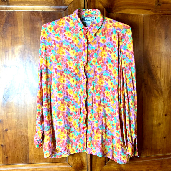 Vintage 90s Bonjour Rainbow Flower Power Button Down- M - Picture 3 of 9